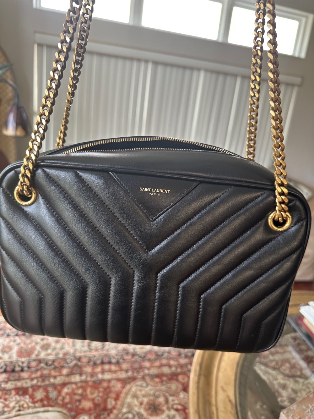 Saint Laurent Joan Camera Black Quilted Leather Shoulder Bag with Gold Chain